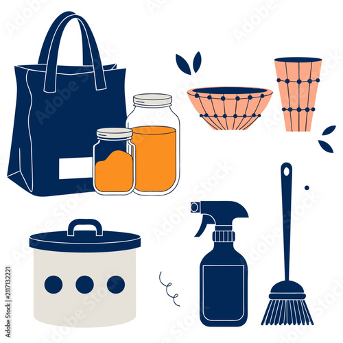 Reusable Household Essentials and Zero Waste Lifestyle Products Flat Vector Illustration for Sustainable Living