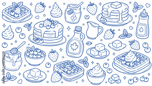 Hand drawn breakfast doodle set, blue line art pancakes and waffles collection, sweet brunch food illustrations with maple syrup and berries isolated PNG with Transparent Background