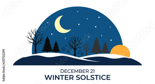 Foto Winter Solstice Scene With Moon Sun And Bare Trees Vector Illustration