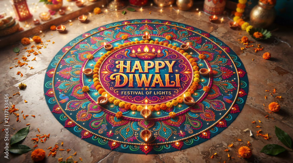Obraz premium Colorful traditional diwali rangoli design decorated with lit clay diyas