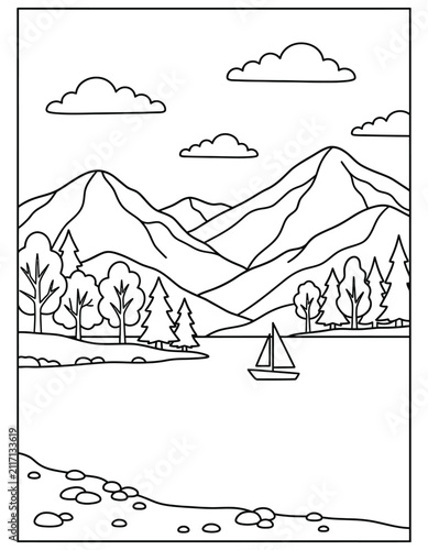 serene lake landscape with sailboat and mountains Coloring page