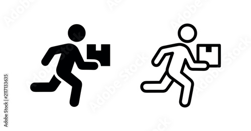 Konstfotografi Fast delivery icon, running man carrying a box, courier service symbol, express