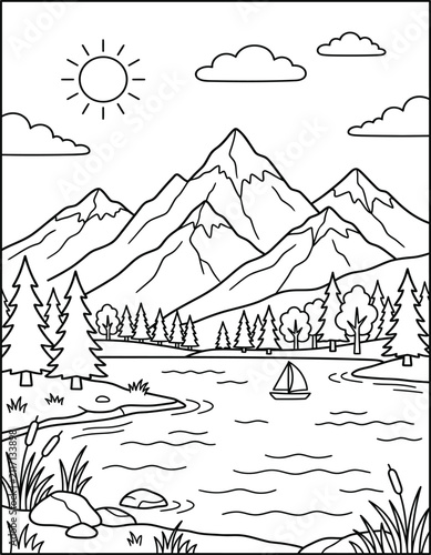 serene mountain lake landscape with sailboat and trees on a sunny day Coloring page