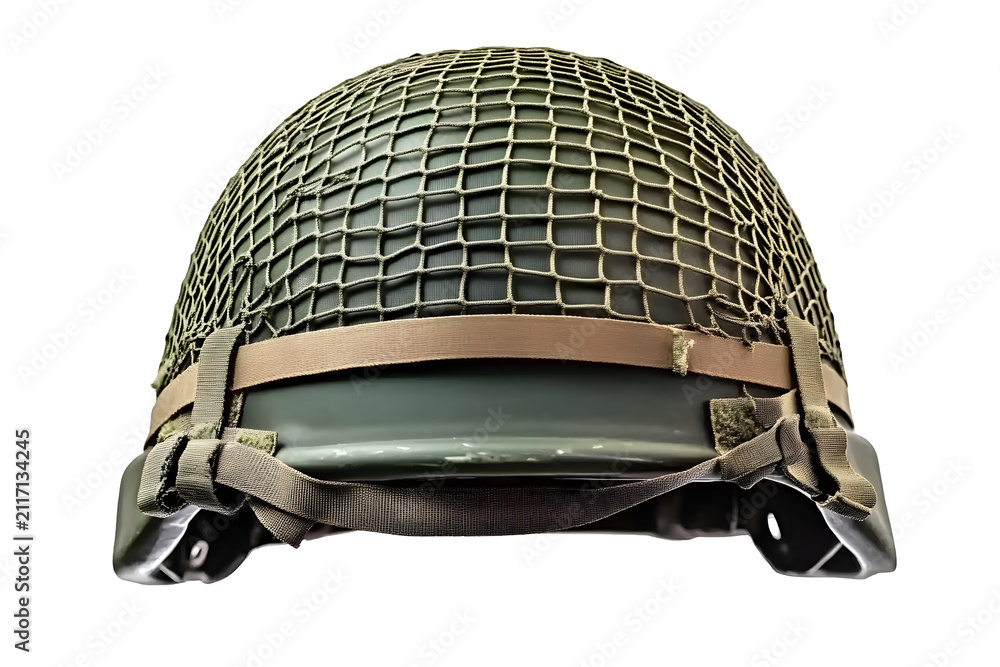 Obraz premium Military combat helmet with protective netting and strap detail isolated on background.