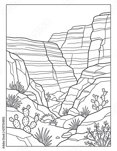desert canyon landscape with cacti and rocky cliffs coloring page Coloring page
