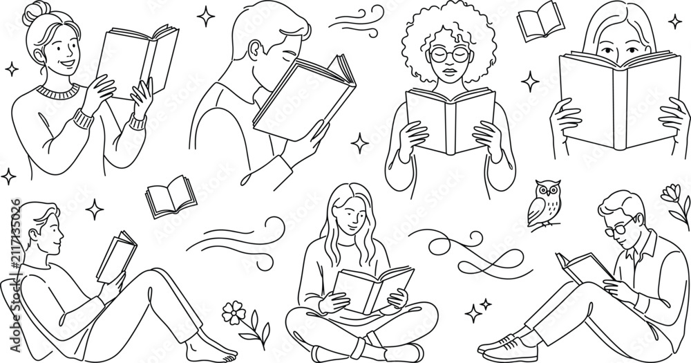 Obraz premium Education doodle vector illustration set of diverse people reading books studying library university students learning literature knowledge