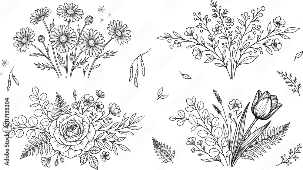 Fototapeta premium Floral bouquet line art set featuring hand drawn rose daisy tulip wildflowers eucalyptus branch leaf botanic garden engraving.
