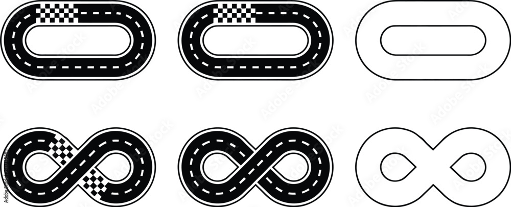 Fototapeta premium Race track circuit set with outline templates. Vector black oval and infinity loop race courses with checkered start finish lines, top view speedway diagrams isolated on white.