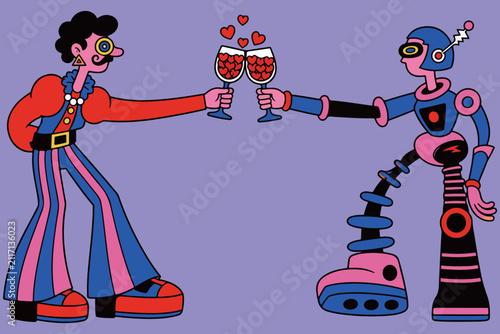 A Human and a Robot Toasting with Heart-Filled Glasses