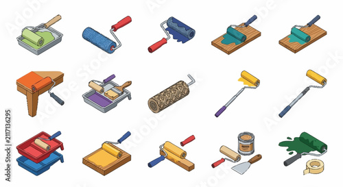 Colorful illustration of various painting tools and equipment.