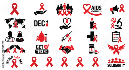 Red Ribbon Icons With Supporting Symbols Vector Illustration