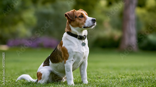 Jack russell terrier dog sitting attentively outdoors on green grass in a park, wearing a collar with an id tag, looking alert and focused on something in the distance, copy space