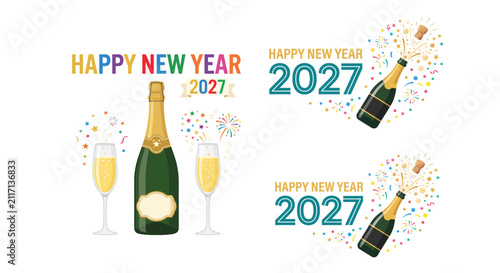 Champagne bottles and glasses festive vector illustration with new year elements