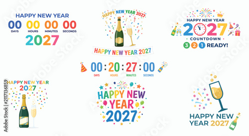 New Year 2027 Celebration Vector Designs With Champagne And Confetti