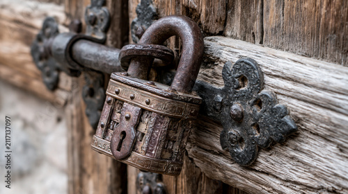 Rustic wooden door featuring an old, decorative antique padlock attached to a weathered iron latch, symbolizing security, history, and forgotten access