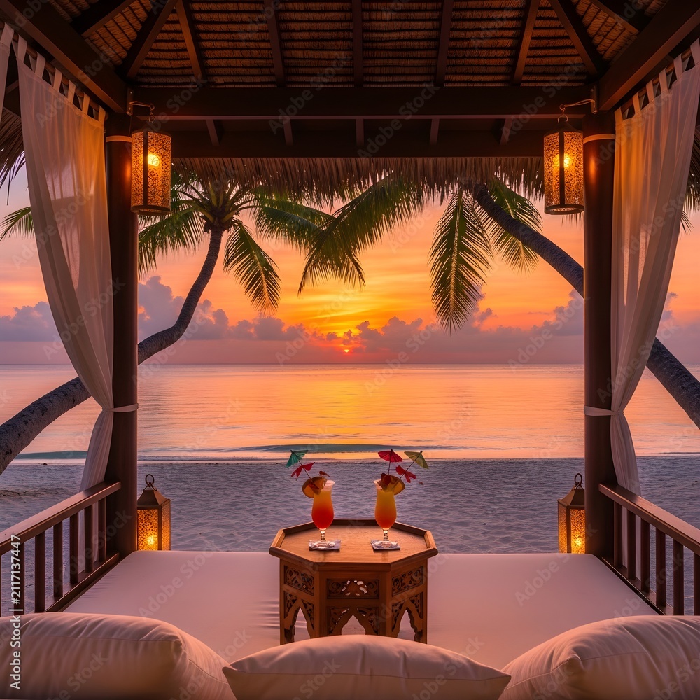 Obraz premium Romantic Beachfront Cabana at Sunset with Tropical Drinks.