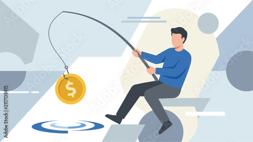 Vector illustration of a businessman sitting on a wooden dock fishing for gold coins and dollar bills in a blue sea, symbolizing financial profit, investment growth and wealth accumulation.