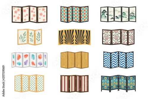 Set of decorative folding room dividers and privacy screens with various patterns isolated on white background, in flat