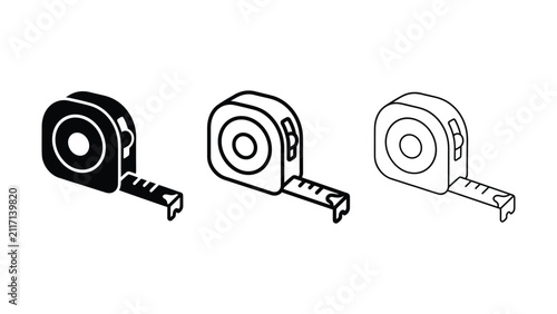 Set of three isometric tape measure icons with different design styles including solid and line art for construction and renovation projects