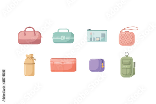 Set of cosmetic bags and toiletry organizers for travel and home storage featuring various sizes, shapes, and for beauty