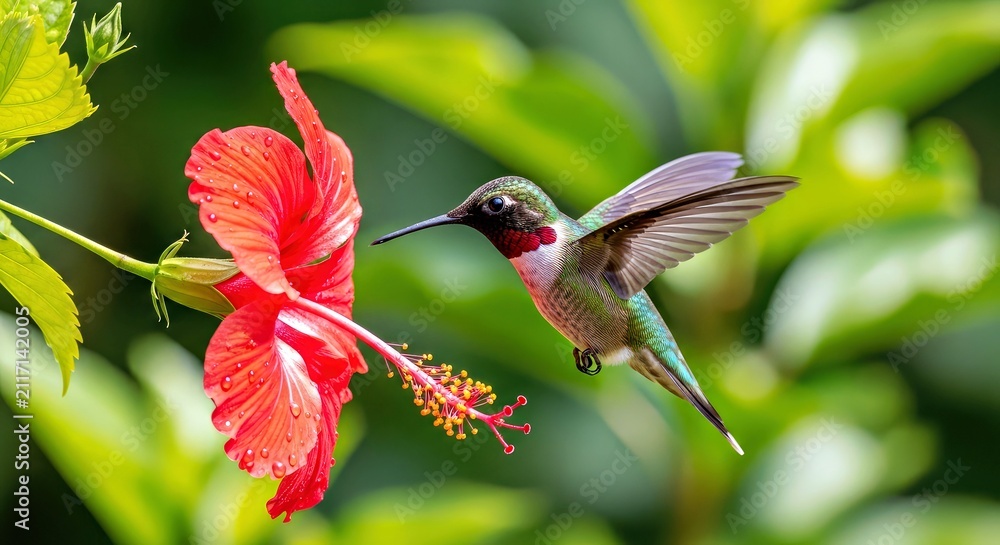 Obraz premium Ruby Throated Hummingbird Feeding on Bright Red Hibiscus in Lush Green Habitat