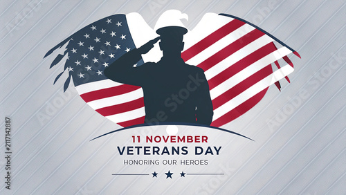 Veterans Day Tribute Banner with Saluting Soldier and American Flag