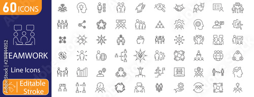 Teamwork icons set. Includes collaboration, communication, team management, partnership, leadership, and group productivity symbols. Editable stroke. Line icons.