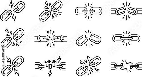 Foto Broken chain outline icon set, featuring snap links, security failure, and disco