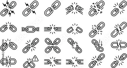 Broken chain outline icon set, featuring snap links, security failure, and disconnected symbols vector illustration