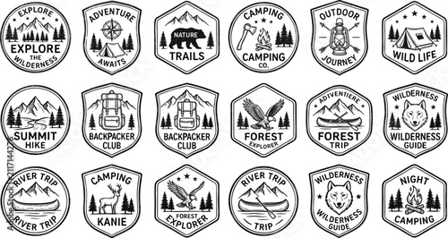 Camping and outdoor adventure badges set, vintage line art emblems with mountains, compass, and forest vector illustration