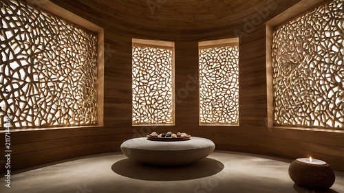 Meditation pod room with natural textures and indirect lighting