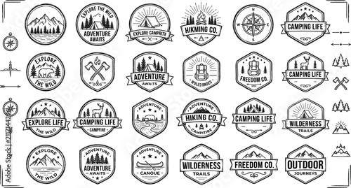 Camping and outdoor adventure badges set, vintage line art emblems with mountains, compass, and forest vector illustration