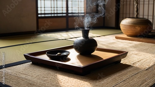 Meditation room with tatami mats, incense smoke, and natural light