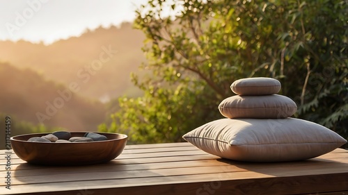 Meditation terrace, soft cushions, incense holder, sunrise backdrop