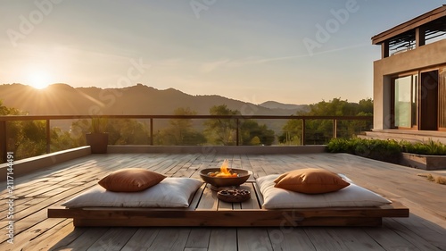 Meditation terrace, soft cushions, incense holder, sunrise backdrop
