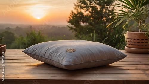 Meditation terrace, soft cushions, incense holder, sunrise backdrop