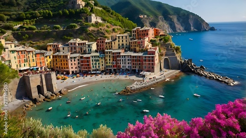 Mediterranean beach in Cinque Terre, Italy, colorful seaside buildings, pebbled shoreline, boats docked nearby