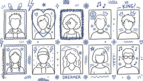 My squad doodle photo frames illustration, cute friends polaroid pictures and hand drawn doodles vector set