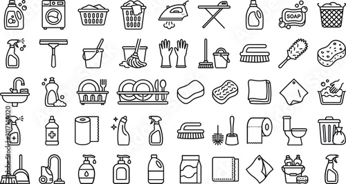 House cleaning and laundry service outline icon set, housekeeping equipment and supplies vector illustration