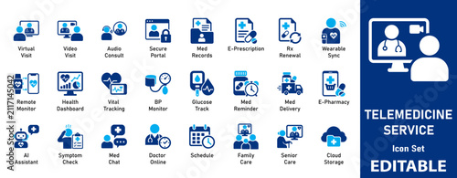 Telemedicine Service and Digital Healthcare Icon Set. Online Doctor Consultation, Virtual Medical Support, and Health Monitoring Vector Symbols.