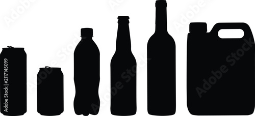 Collection of various beverage bottle and container silhouettes including cans and jugs with container beverage silhouette packaging collection isolated