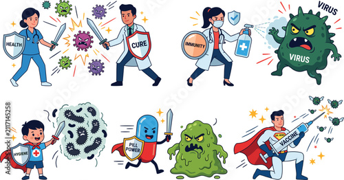 Medical superheroes fighting virus and bacteria, flat vector illustration set showing healthcare defense characters