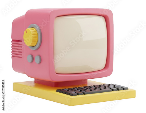 Pink retro computer toy. Vintage style desktop monitor with keyboard on white background.