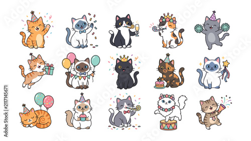 Set of Cute Party Cats Cartoon Vector Collection with Birthday Celebration Balloons Gifts Cakes and Festive Pet Characters