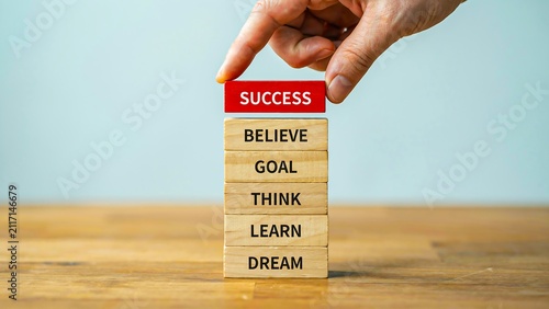Hand placing wooden block with success mindset and personal development concept