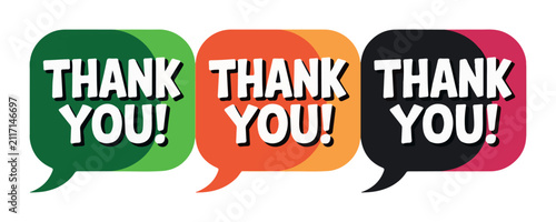 Flat style thank you text inside overlapping colorful circle speech bubbles for customer feedback icons.