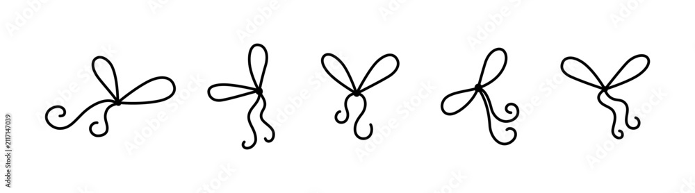Obraz premium Doodle gift bow set. Sketch hand drawn present thin ribbon icons. Sketch line holiday gift box bows. Christmas or birthday design elements. Vector illustration isolated on white background.
