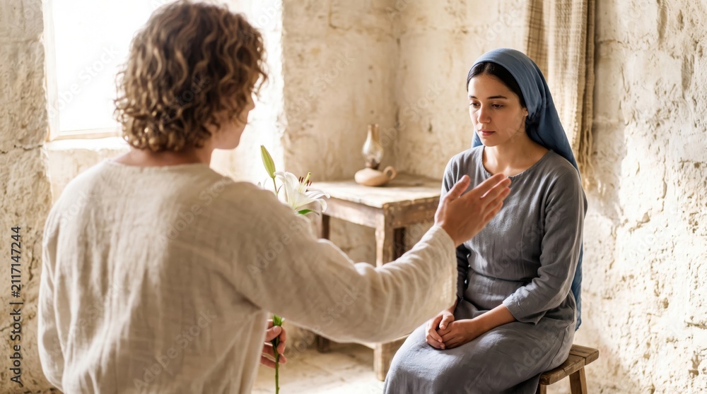 Fototapeta premium Angel Gabriel visits Mary in Nazareth to announce the birth of Jesus. Scenes from Bible story depicting the Annunciation with a woman and an angel holding a lily flower in stone room.