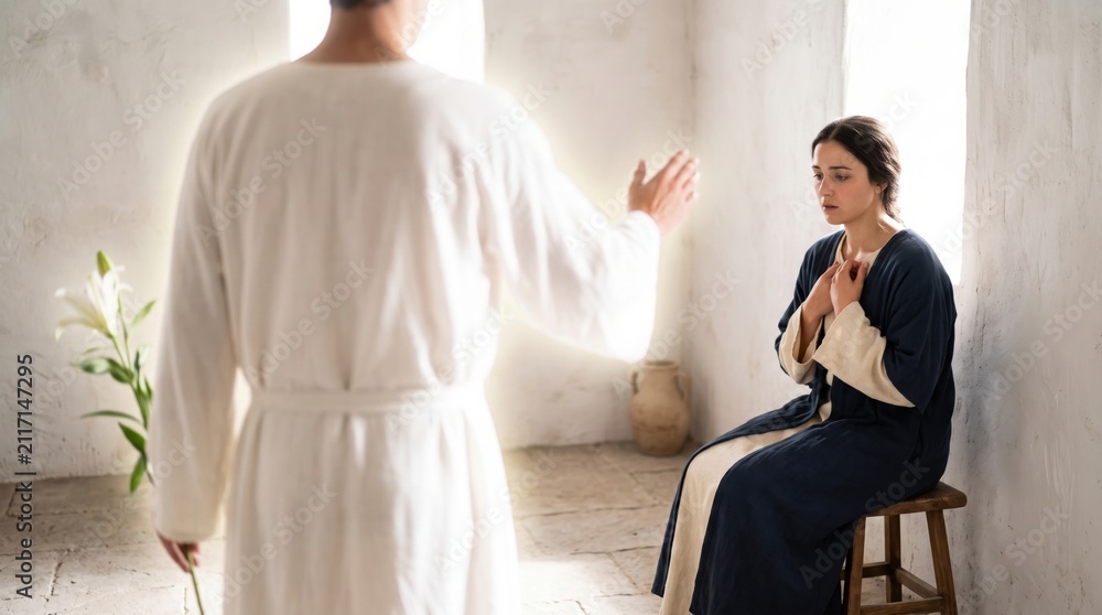 Fototapeta premium Angel Gabriel appears to Mary in Nazareth to announce the birth of Jesus. Biblical scene of the Annunciation. Divine encounter between spiritual messenger and young woman in room.