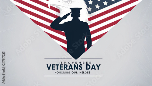 Veterans Day Tribute Banner with Saluting Soldier and American Flag